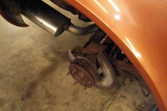 113 RH rear rotor removed, rivets drilled old parking brake hardware installed